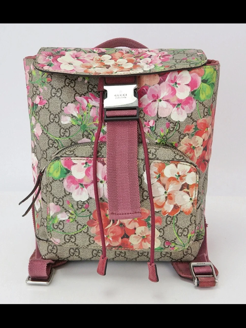 Gucci Floral GG Supreme Canvas Backpack in Pink and Green